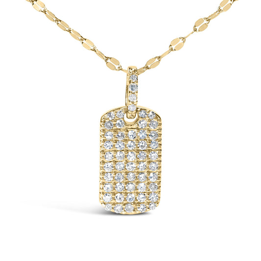 Front view of yellow metal necklace with rectangular pendant featuring multiple white round gemstones in prong settings.