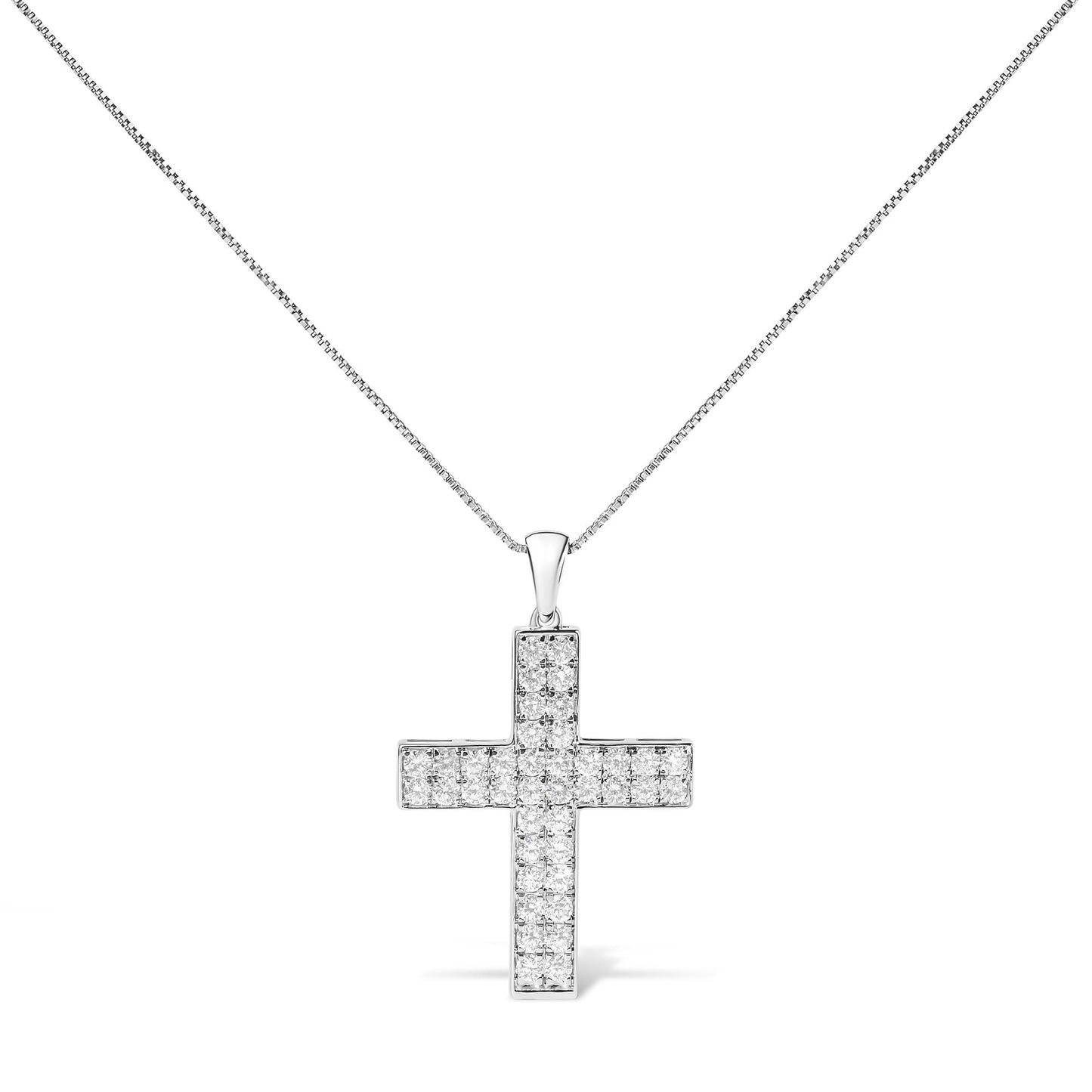 Front view of a white metal necklace with a cross-shaped pendant set with round white gemstones in prong settings.