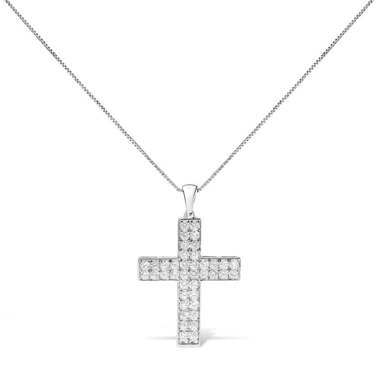Front view of a white metal necklace with a cross-shaped pendant set with round white gemstones in prong settings.