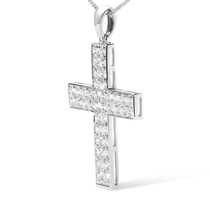 White metal cross-shaped necklace pendant with round white gemstones in prong settings, shown in a front-angle close-up.
