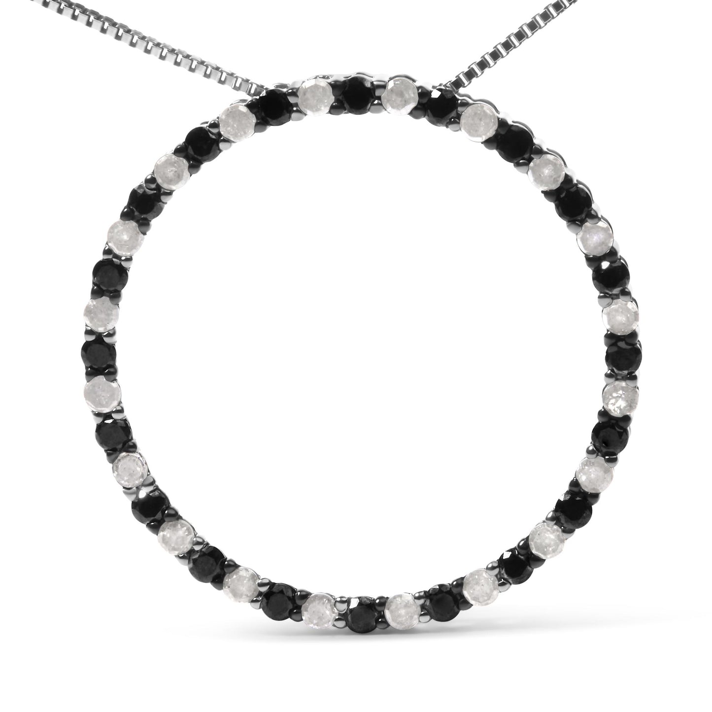 Front view of a white necklace with alternating round black and white gemstones in prong settings forming a circular pendant.