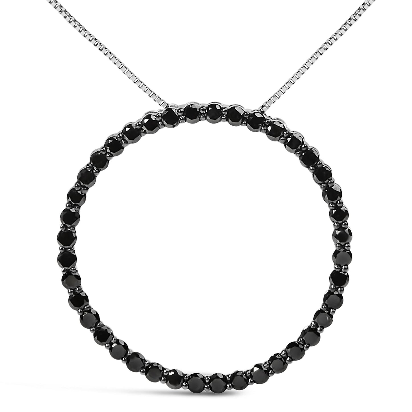 Close-up front view of a white metal circular necklace featuring round black gemstones in a shared prong setting.