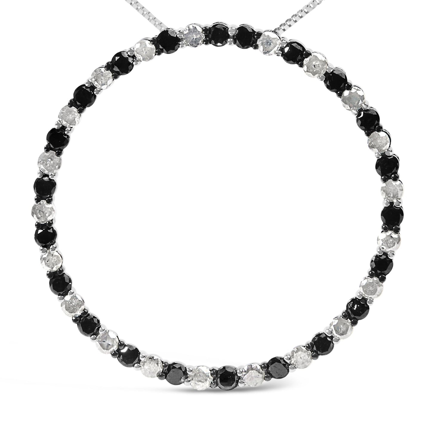 Front-facing close-up of a white metal necklace featuring alternating round black and white gemstones in prong settings.