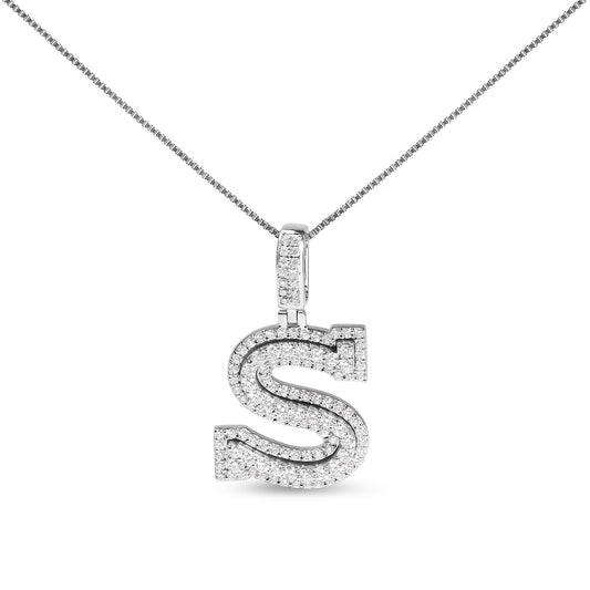 White metal necklace with a pendant in the shape of the letter 'S' encrusted with round white gemstones in prong settings, shown in a front-facing angle.