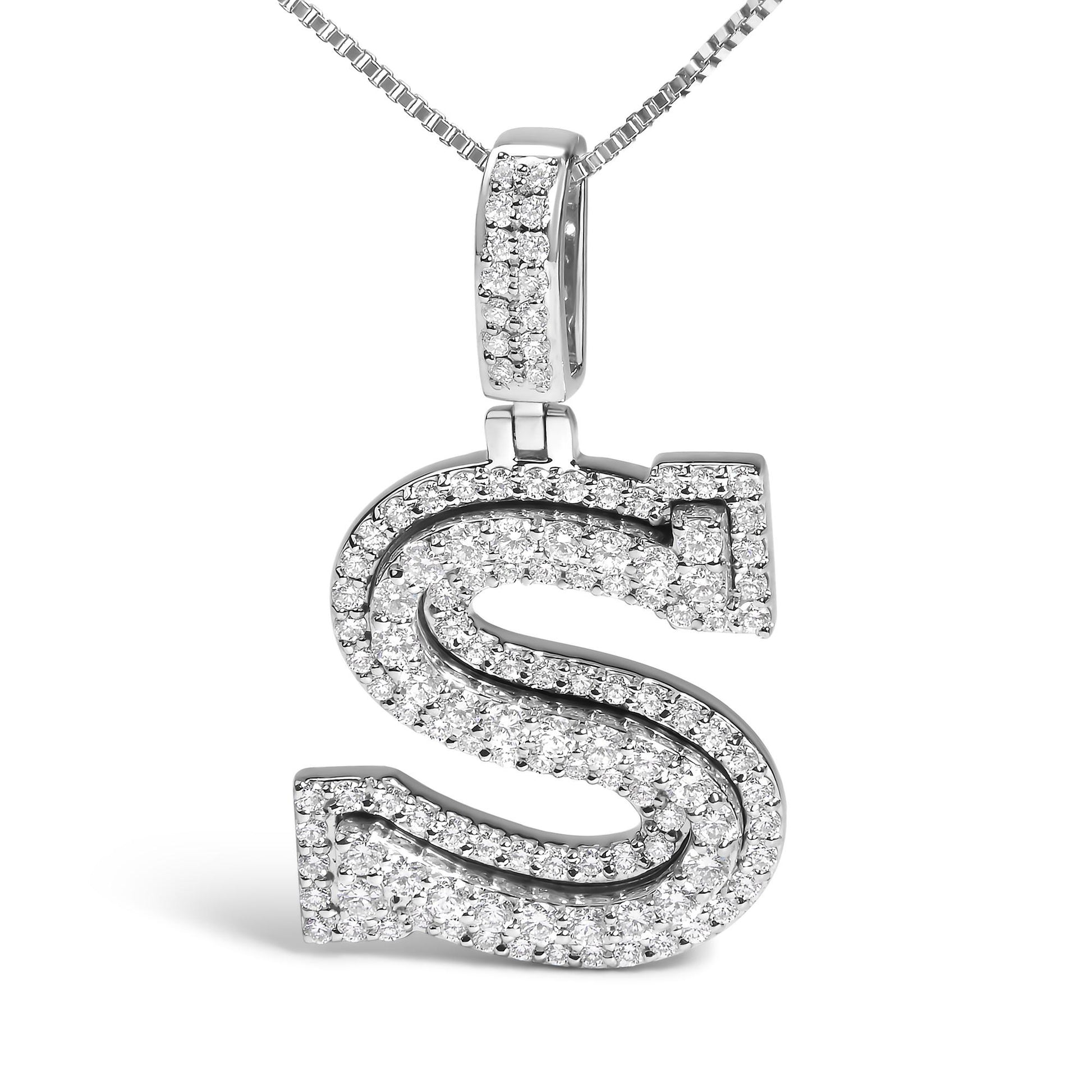 Close-up front view of a white metal necklace pendant shaped like the letter S, fully encrusted with prong-set white round gemstones, shown isolated on a white background.