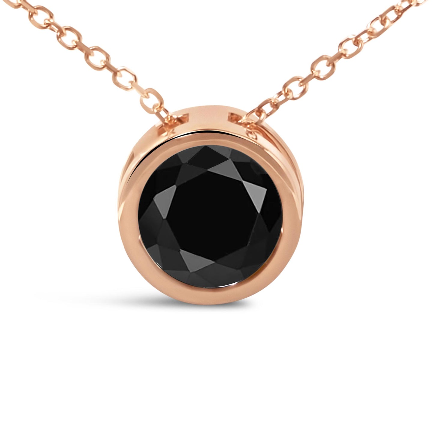 Close-up front angle of a rose metal necklace with a round black gemstone in bezel setting.