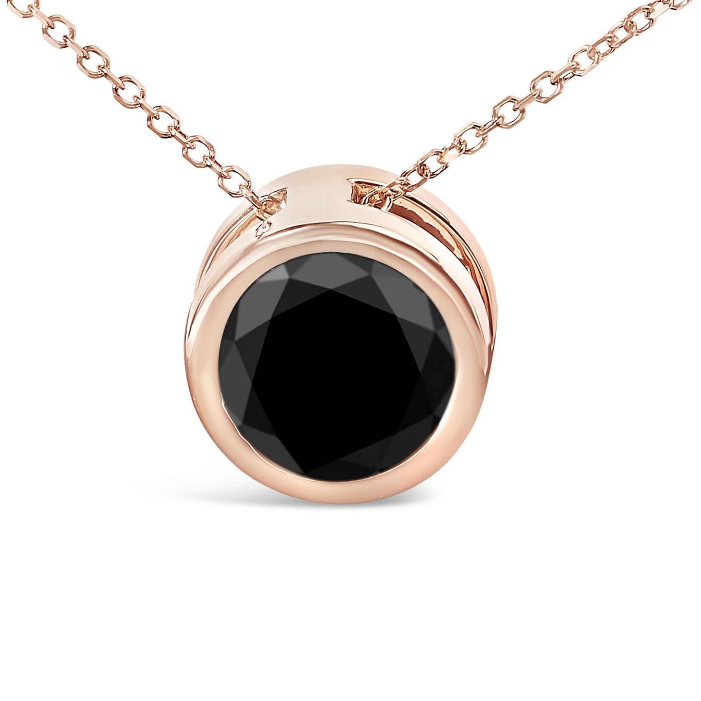 Close-up front angle of a rose metal necklace with a round black gemstone in a bezel setting.
