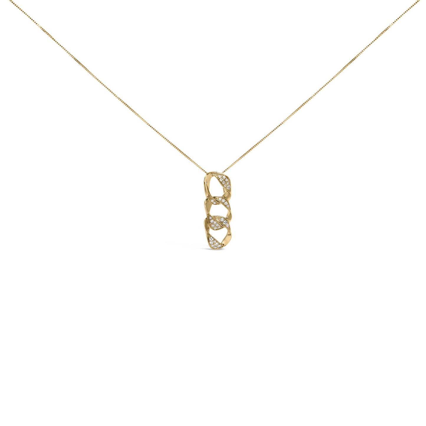 Front-facing shot of a yellow metal necklace with a pendant featuring three interlocking links, each embedded with multiple white gemstones.