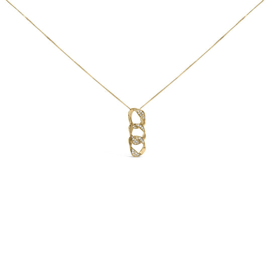 Front-facing shot of a yellow metal necklace with a pendant featuring three interlocking links, each embedded with multiple white gemstones.
