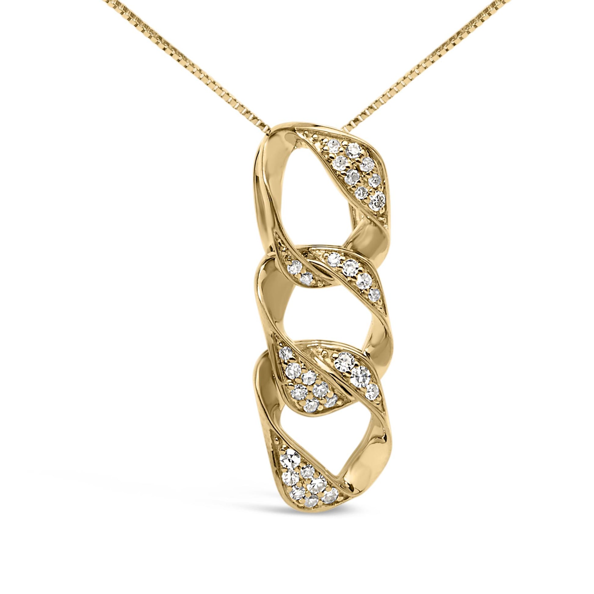 Front angle of a yellow metal necklace pendant with a twisted design, featuring clusters of small white gemstones in prong settings on each twist.