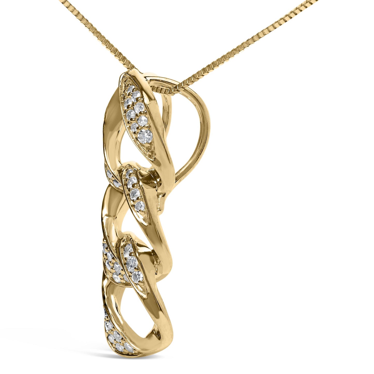 Close-up front angle of a yellow metal necklace pendant with intertwined loops, accented with white round prong-set gemstones.