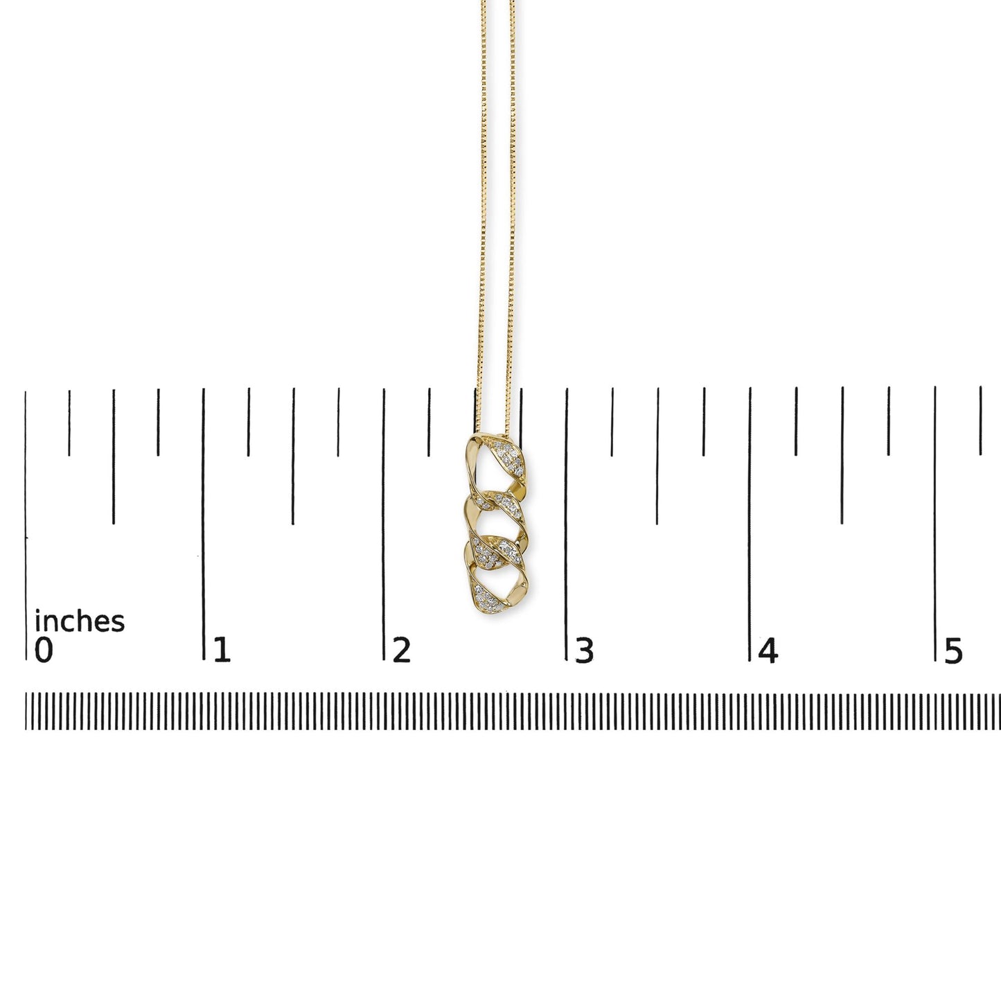 Yellow necklace with linked oval shapes accented by white gemstones, shown hanging vertically on a ruler for size reference, front view.