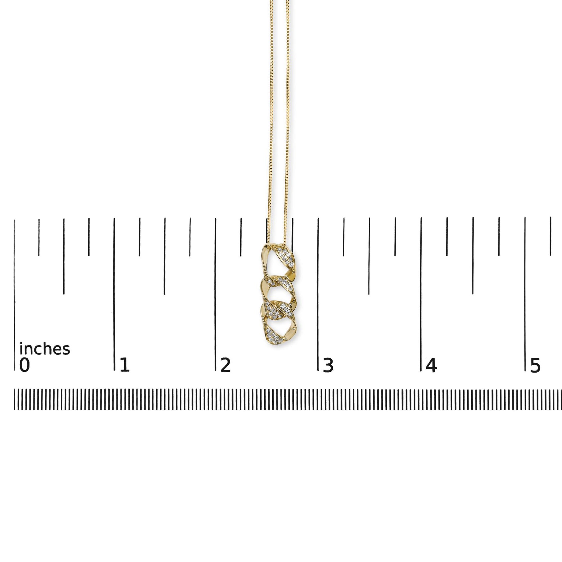 Yellow necklace with linked oval shapes accented by white gemstones, shown hanging vertically on a ruler for size reference, front view.