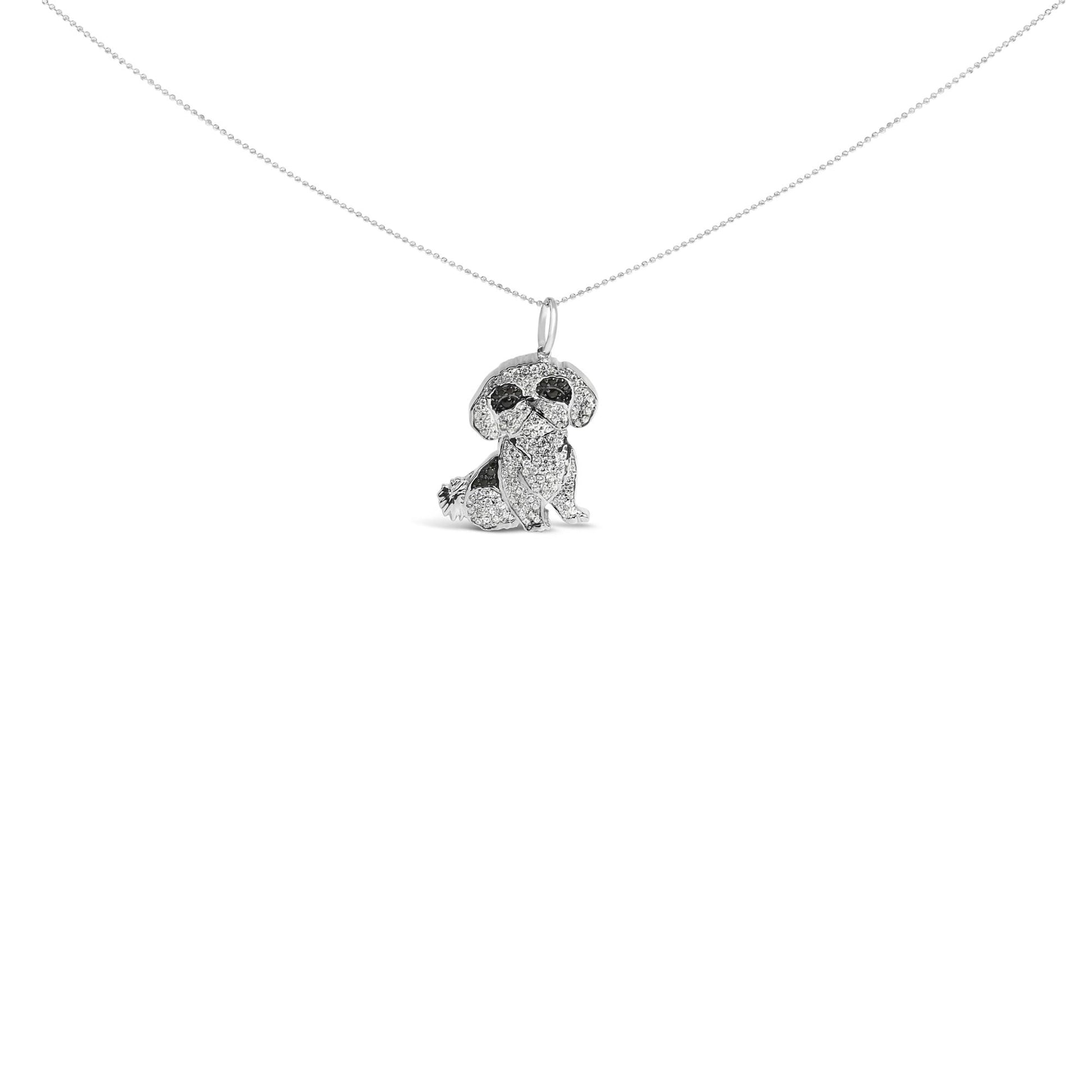White metal necklace with a dog-shaped pendant viewed from the front, embellished with white and black round micro-pave gemstones.