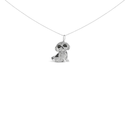 White metal necklace with a dog-shaped pendant viewed from the front, embellished with white and black round micro-pave gemstones.