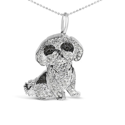 White metal necklace pendant shaped like a sitting dog, adorned with round black and white gemstones in micro-pave setting, shown from a front angle.