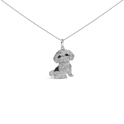 Front angle of a white necklace with a pendant shaped like a sitting dog, covered in micro-pave white and black round gemstones.