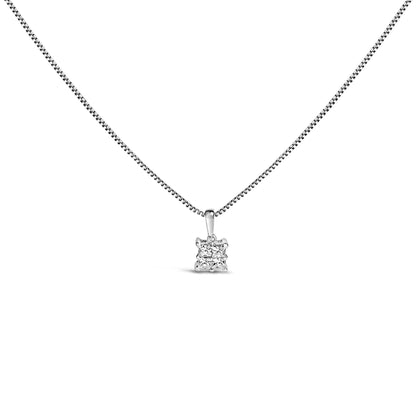 Front-facing close-up of a white necklace with a square pendant featuring four princess-shaped white gemstones in an invisible setting.