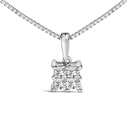 Close-up front view of a white metal necklace with a square pendant featuring four princess-shaped white gemstones in an invisible setting.