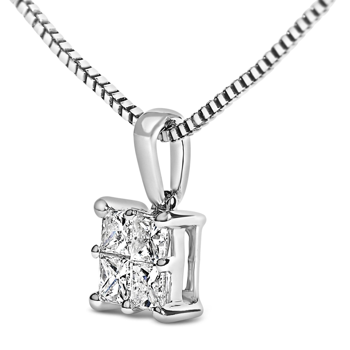 Close-up front angle of a white necklace pendant featuring four princess-shaped white gemstones in an invisible setting.