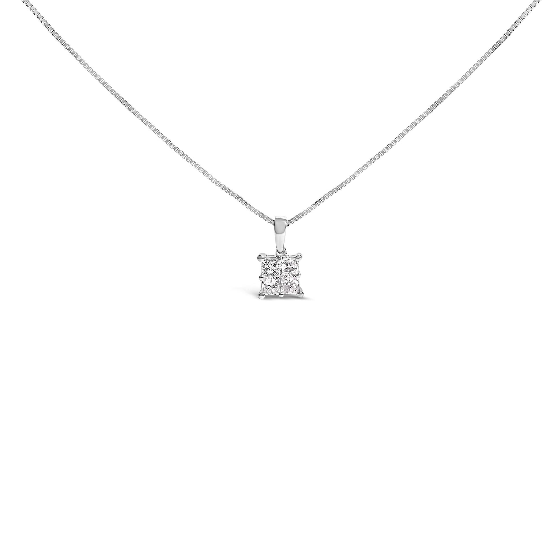 Front view of a white necklace with a square pendant featuring four princess-shaped white gemstones in an invisible setting.