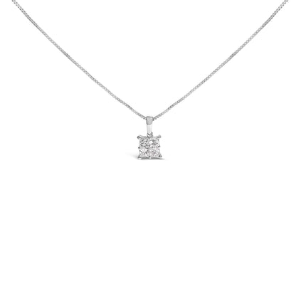 Front view of a white necklace with a square pendant featuring four princess-shaped white gemstones in an invisible setting.