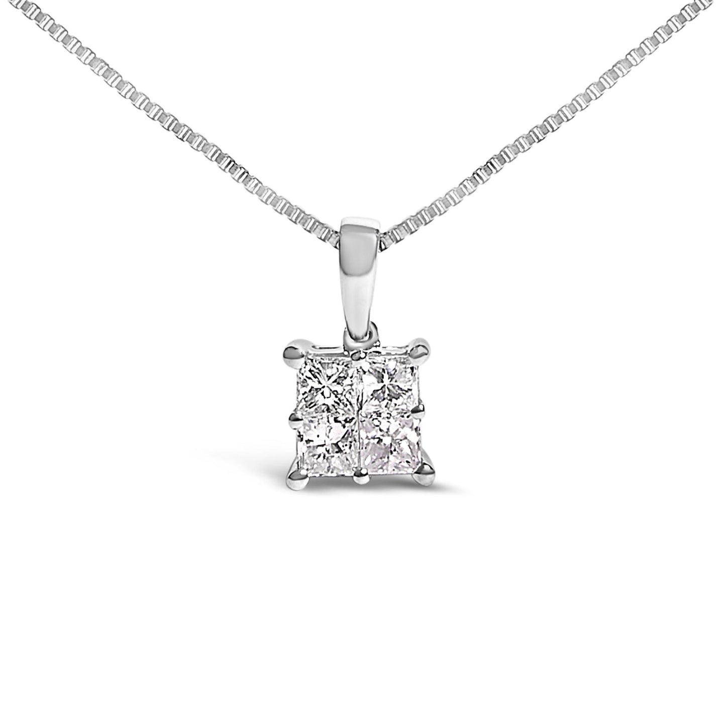 Close-up front view of a white necklace featuring a square pendant with four princess-shaped white gemstones in an invisible setting.