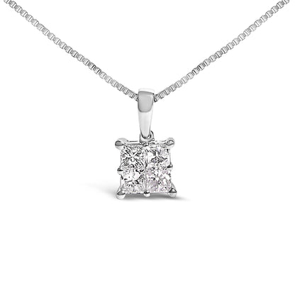 Close-up front view of a white necklace featuring a square pendant with four princess-shaped white gemstones in an invisible setting.