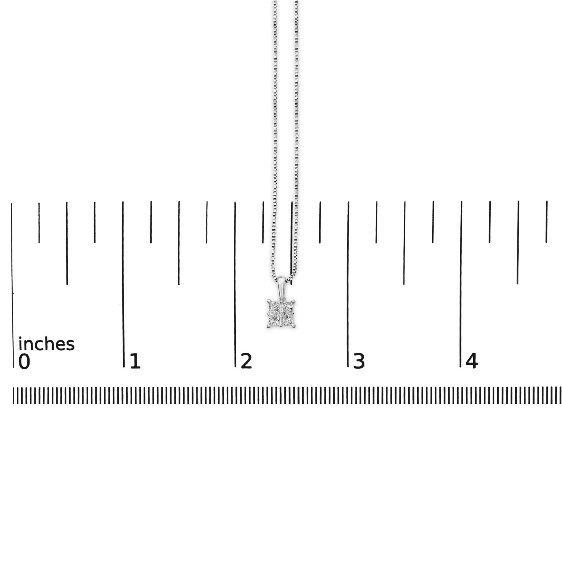 White necklace with princess shape white gemstones in invisible setting, shown hanging centered on a ruler measuring inches, front view.