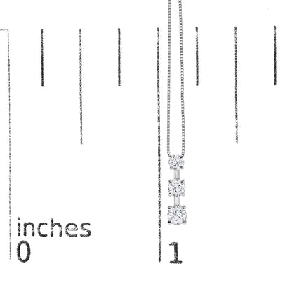 White necklace with three vertically aligned round white gemstones in a vertical bar design, shown on a scale from 0 to 10 inches, front angle.