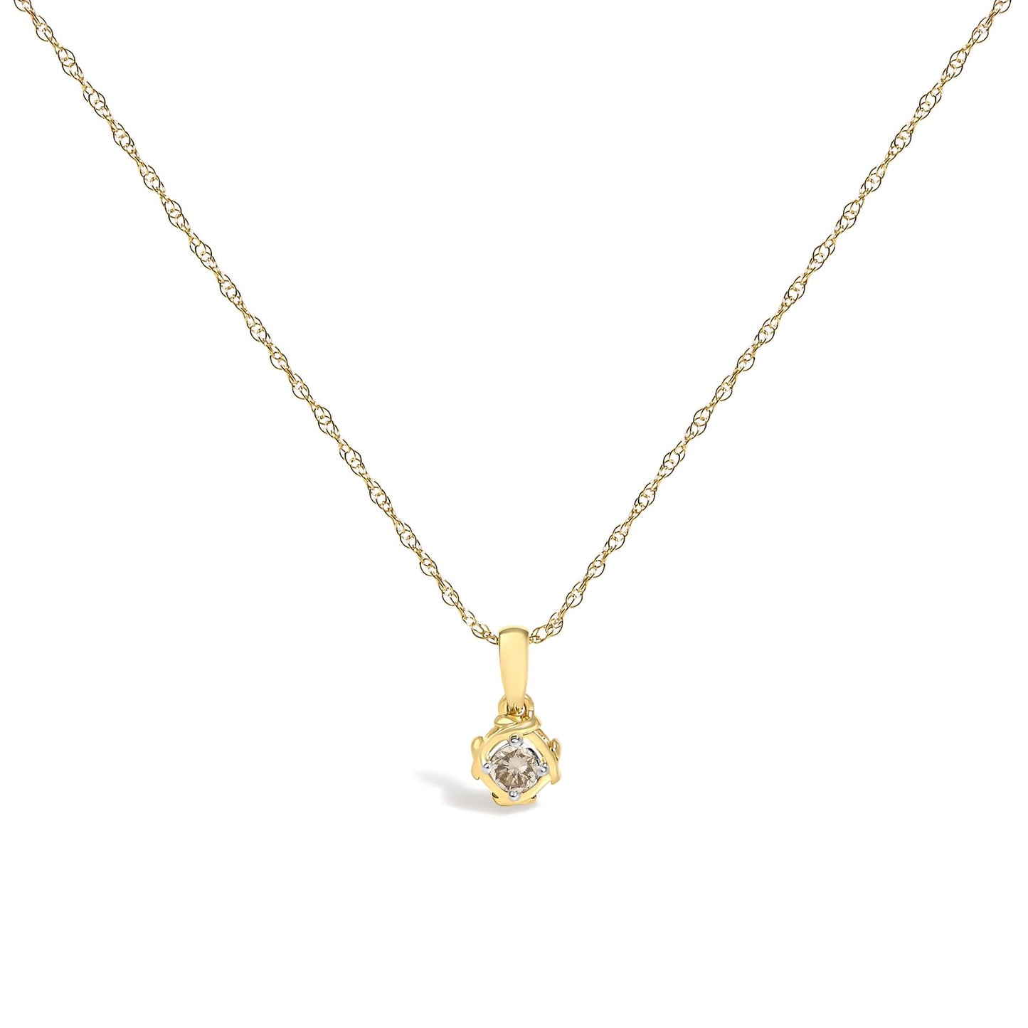 Yellow metal necklace with a small pendant featuring a round white gemstone in a prong setting, shown in a front-facing angle on a white background.