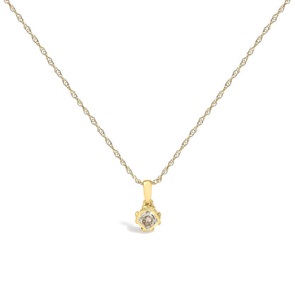 Yellow metal necklace with a small pendant featuring a round white gemstone in a prong setting, shown in a front-facing angle on a white background.