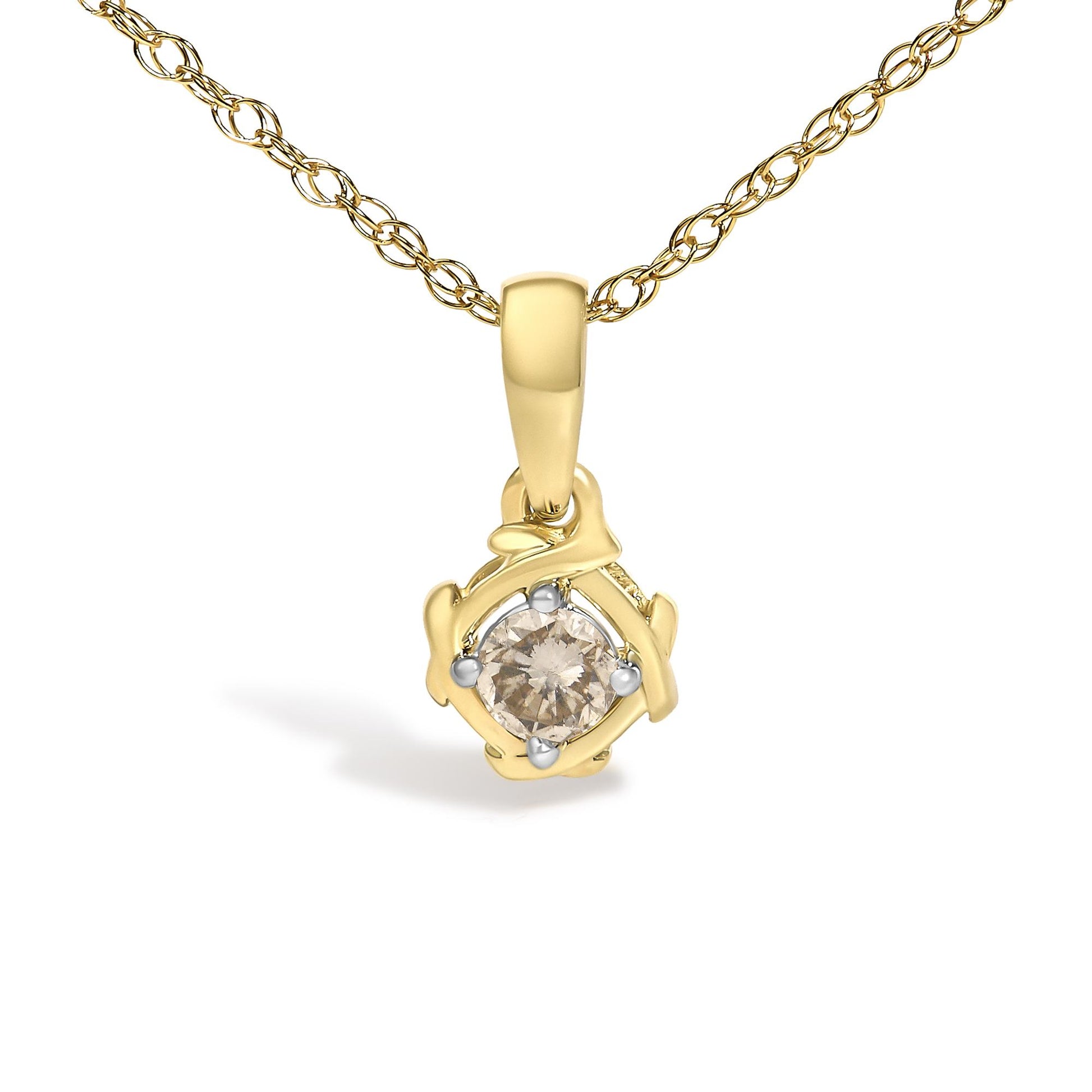 Close-up front view of a yellow metal necklace with a pendant featuring an abstract frame holding a round white gemstone in prong setting.