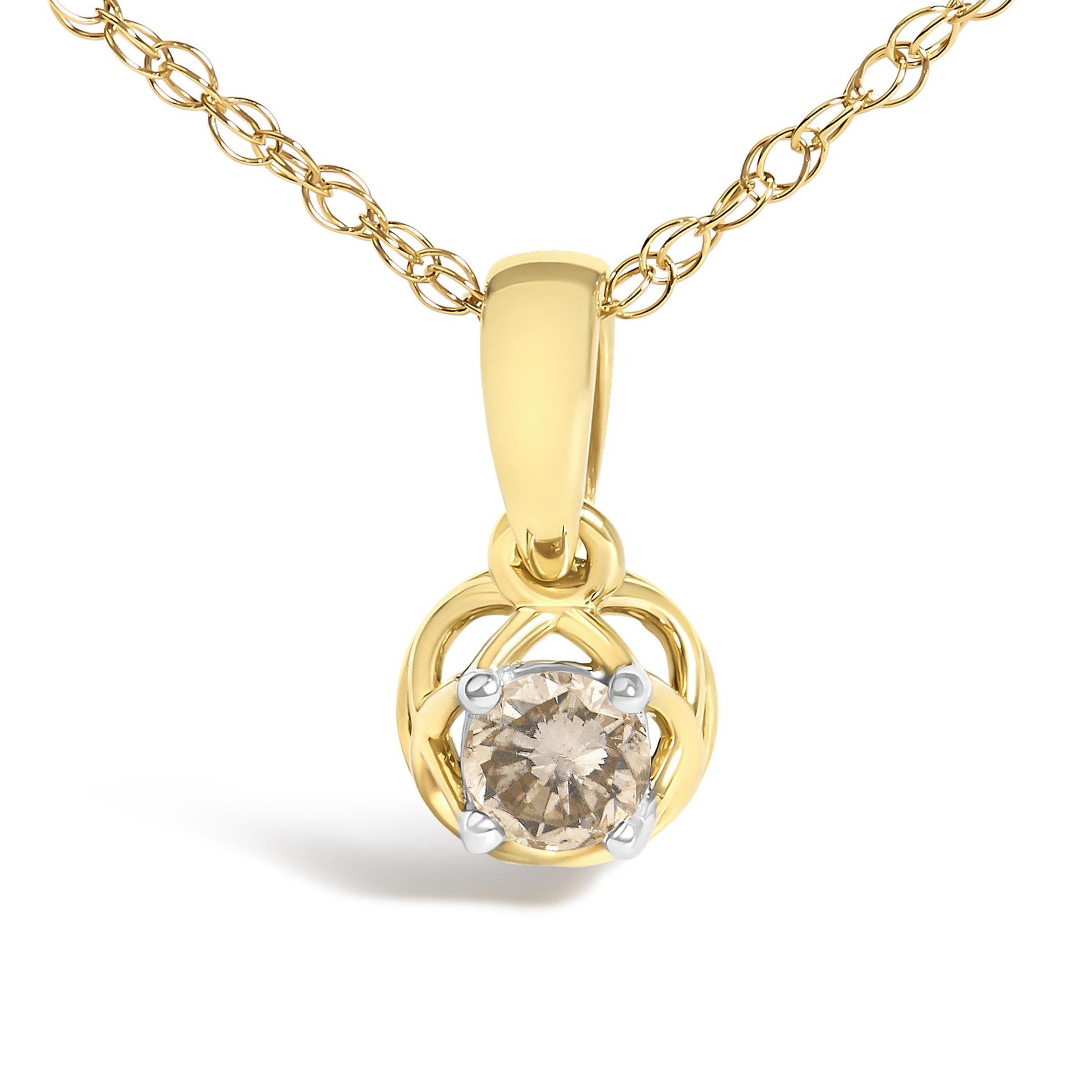 Close-up front view of a yellow necklace with a single round white gemstone in prong setting, featuring an intricate circular pendant design.