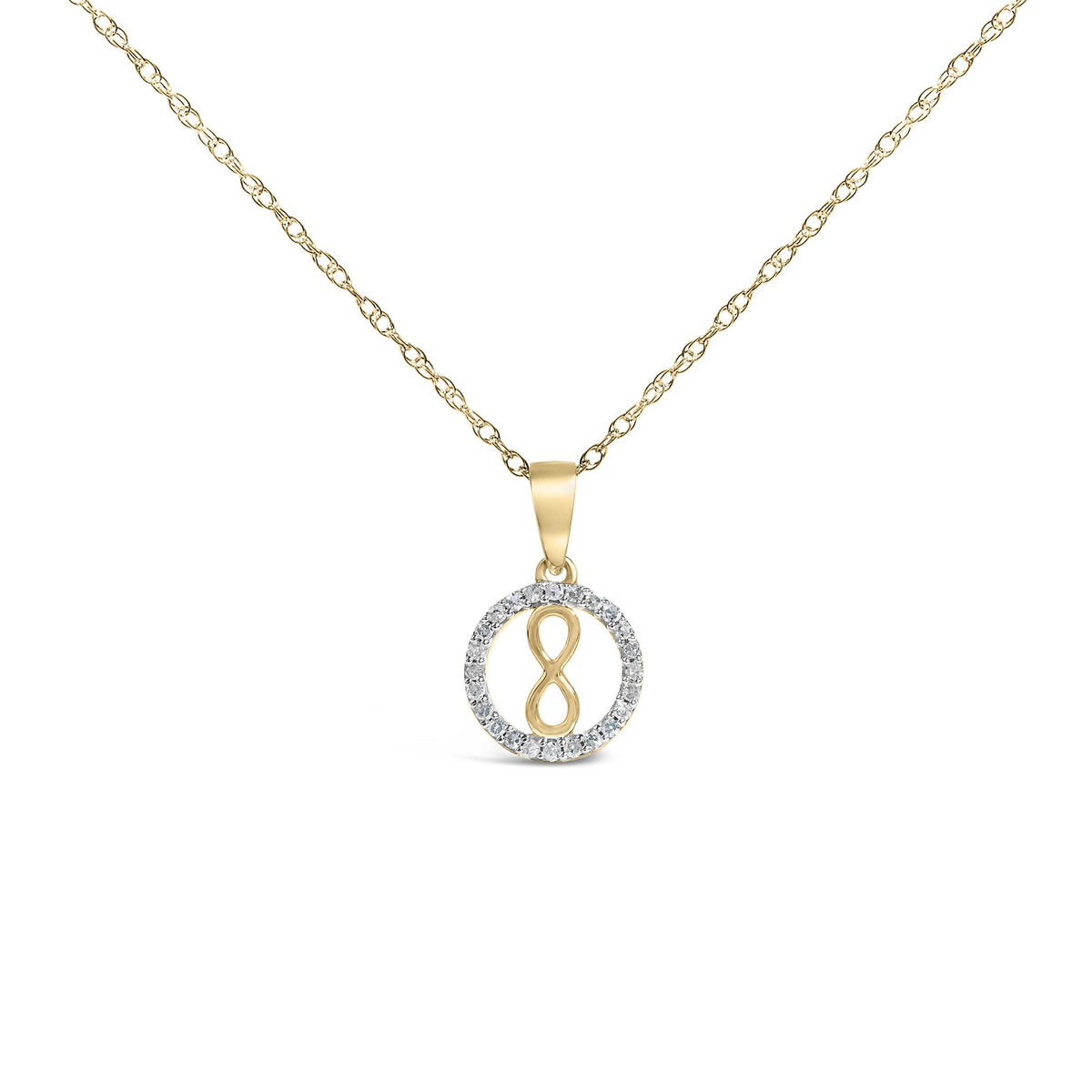 Close-up front view of yellow metal necklace with a pendant featuring an infinity symbol inside a white gemstone circle, shown on a white background.