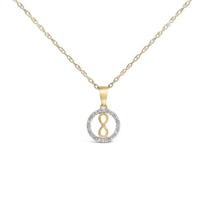 Close-up front view of yellow metal necklace with a pendant featuring an infinity symbol inside a white gemstone circle, shown on a white background.