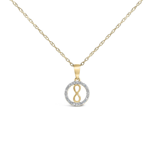 Close-up front view of yellow metal necklace with a pendant featuring an infinity symbol inside a white gemstone circle, shown on a white background.