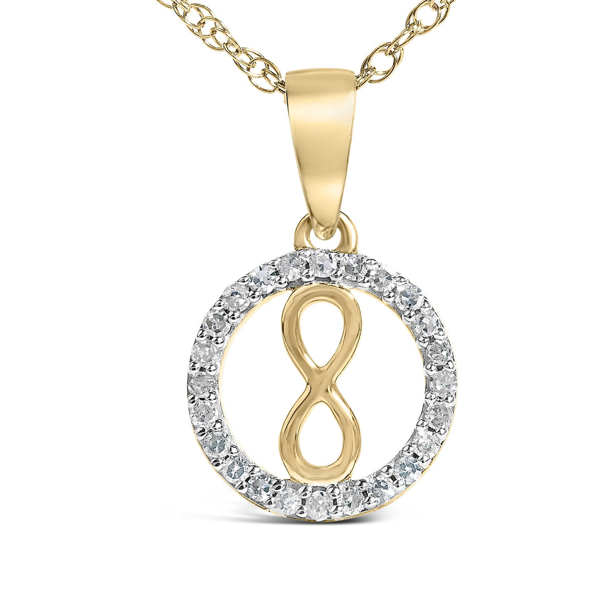 Close-up front view of a yellow metal necklace pendant with an oval shape outlined by white gemstones in shared prong settings and a figure-eight design in the center, shown on a white background.