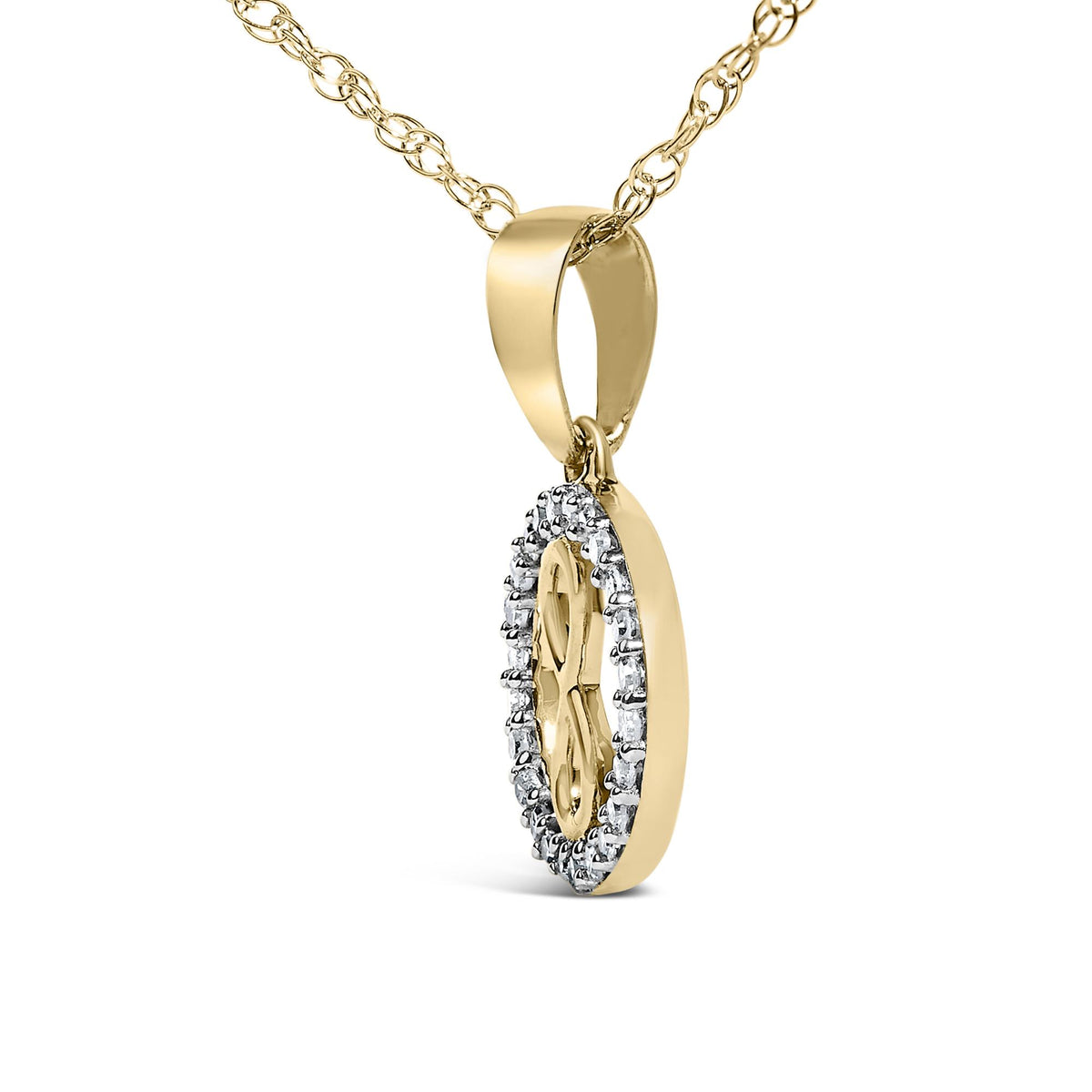 Close-up shot of a yellow necklace with an oval-shaped pendant encrusted with white gemstones in a shared prong setting.