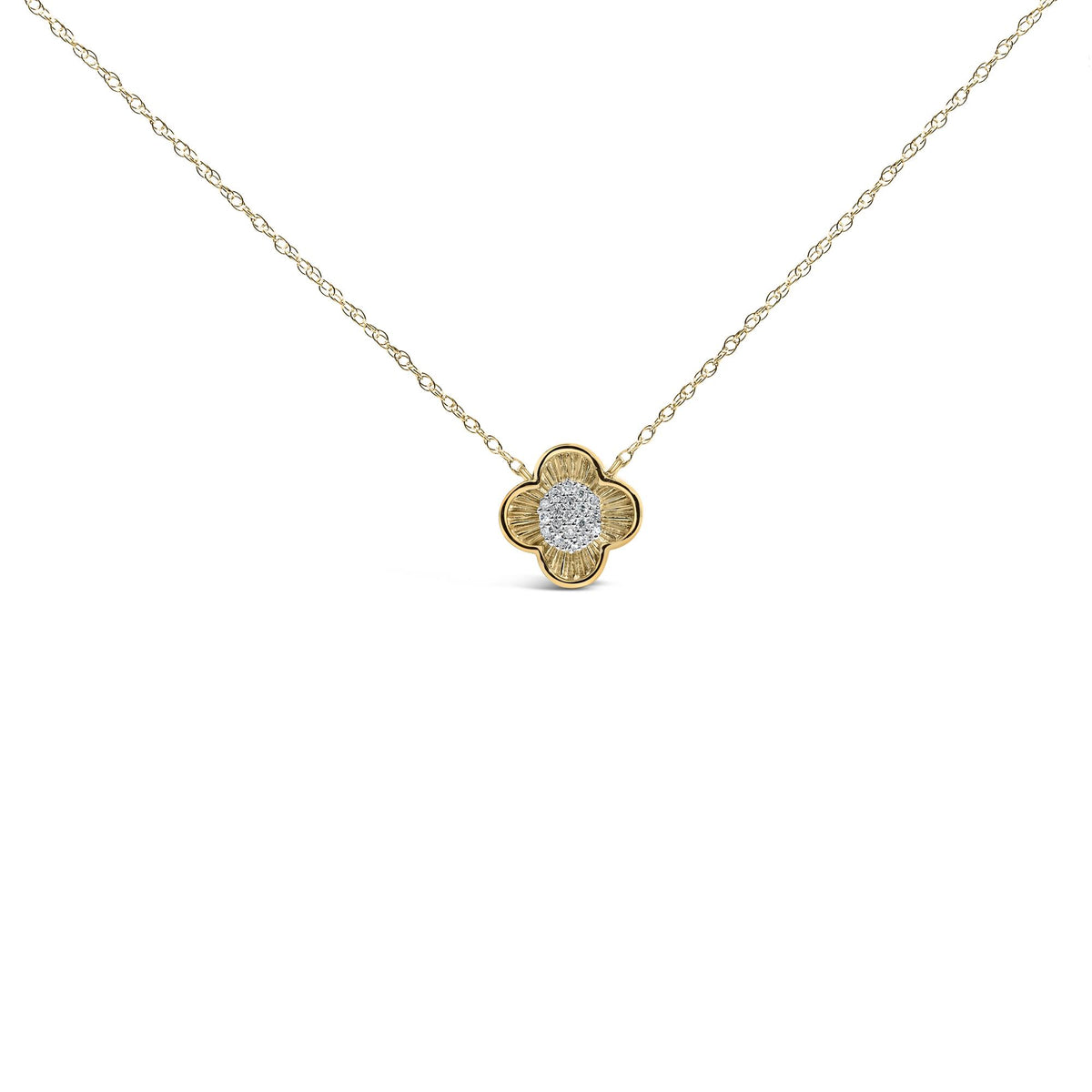 Close-up front view of a yellow metal necklace with a flower-shaped pendant featuring clustered white round gemstones in the center, shown on a white background.