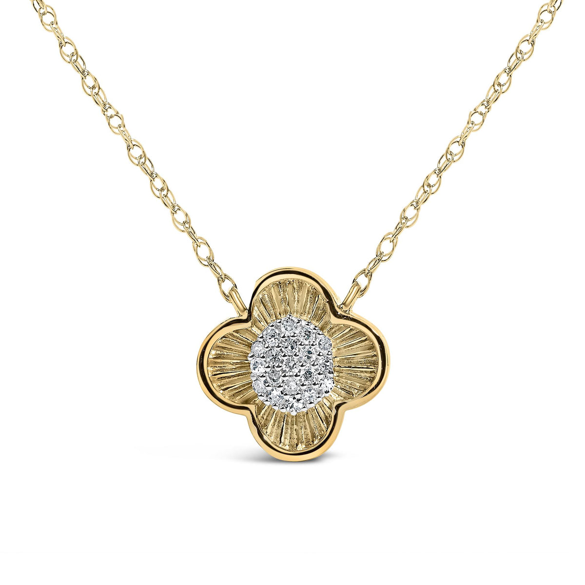 Close-up angled shot of a yellow metal necklace with a flower-shaped pendant. The pendant features a center cluster of white round gemstones in prong settings, surrounded by textured yellow metal petals. The necklace chain is visible and composed of interlocking links.