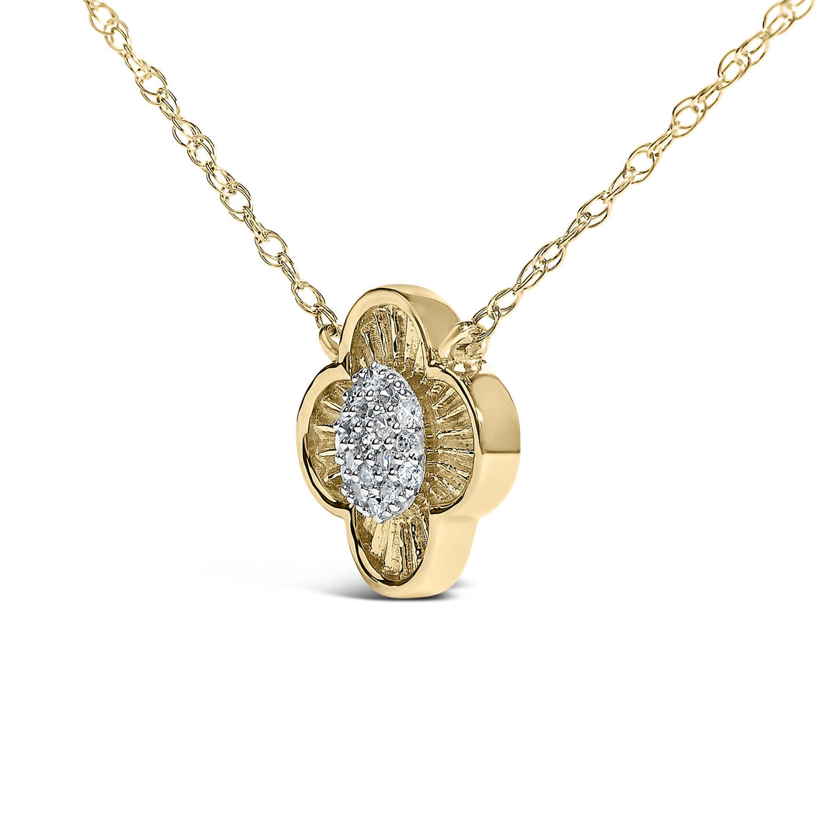 Close-up front angle of a yellow metal necklace with a flower-shaped pendant featuring a cluster of prong-set white round gemstones in the center, shown on a white background.