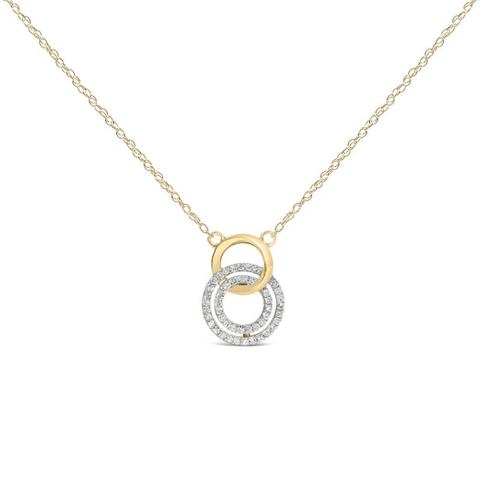 Front view of 14K yellow gold plated sterling silver 1/3 Cttw diamond necklace with interlocking circles on white background