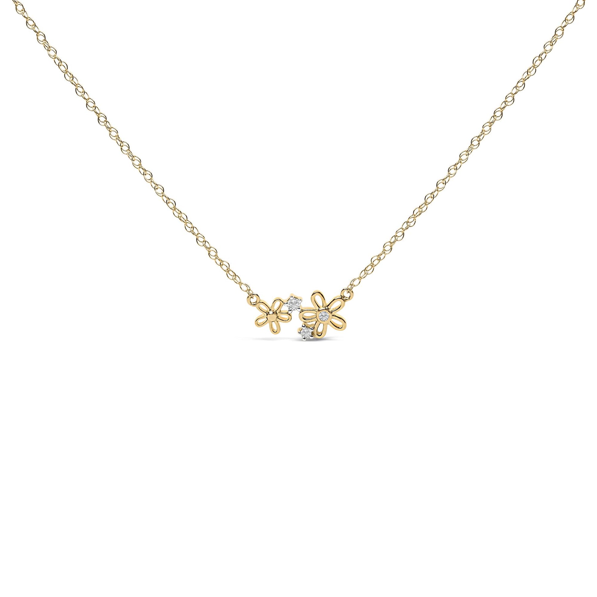 Yellow metal necklace shown from the front with two flower-shaped pendants, each featuring small white gemstones in prong settings.