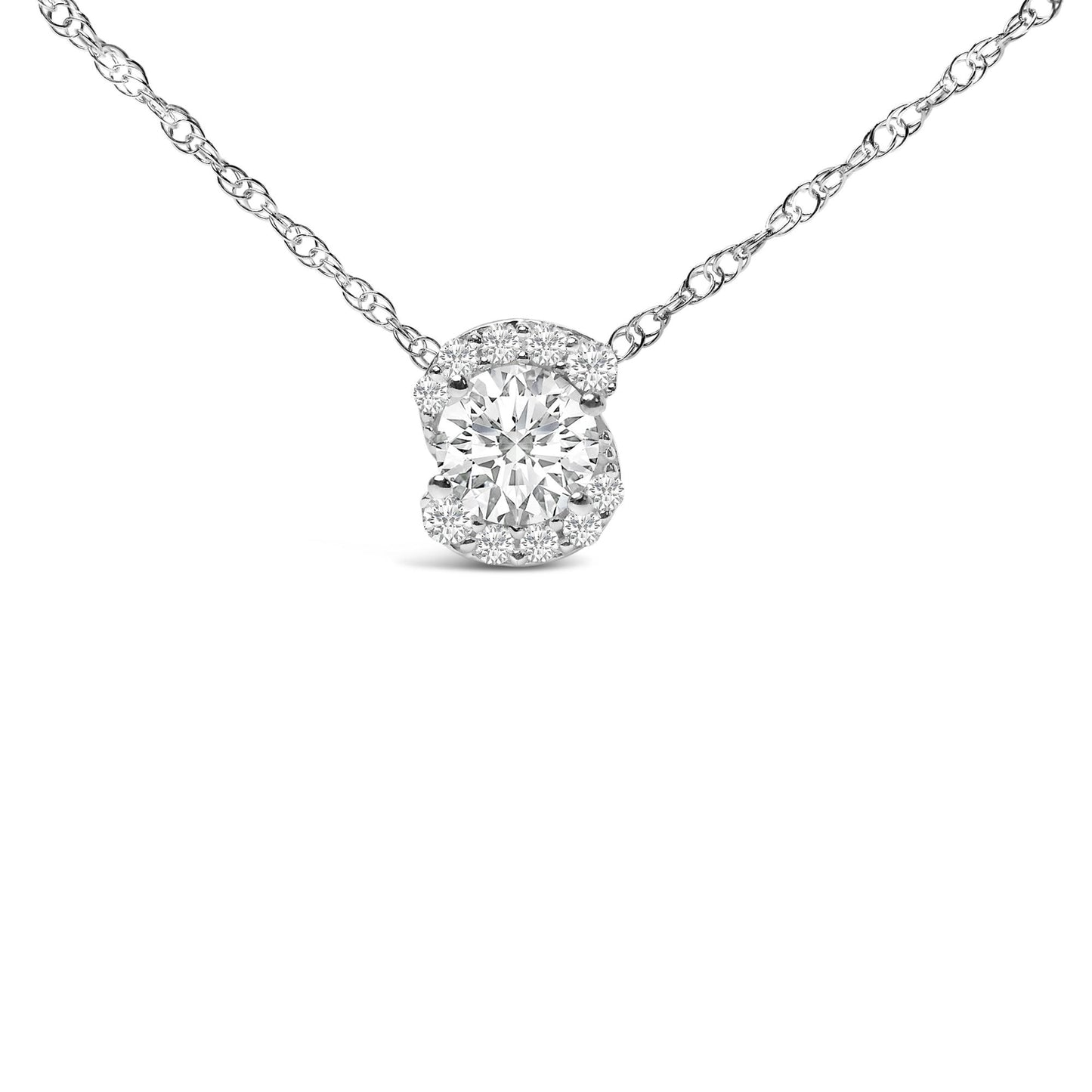 Close-up front view of a white metal necklace with a round centerpiece white gemstone surrounded by smaller white gemstones in a spiral pattern.