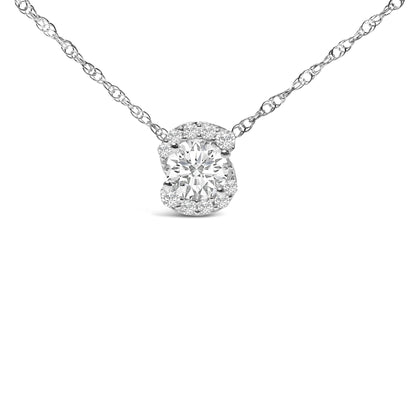 Close-up front view of a white metal necklace with a round centerpiece white gemstone surrounded by smaller white gemstones in a spiral pattern.