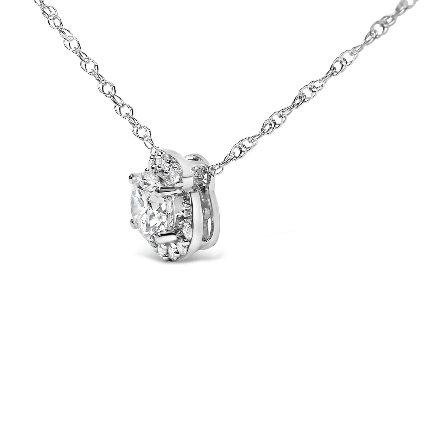 Close-up angled view of a white necklace with a round center white gemstone surrounded by smaller round white gemstones in a prong setting.
