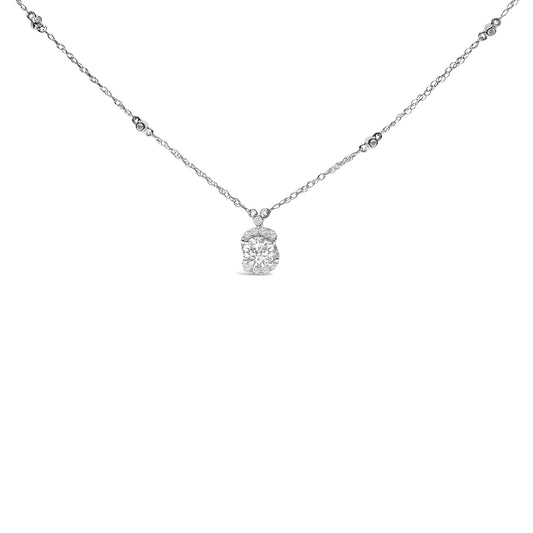 White necklace with a central pendant featuring a large round white gemstone surrounded by smaller white gemstones, with additional small white gemstones set along the chain, shown in a front-facing close-up view on a white background.
