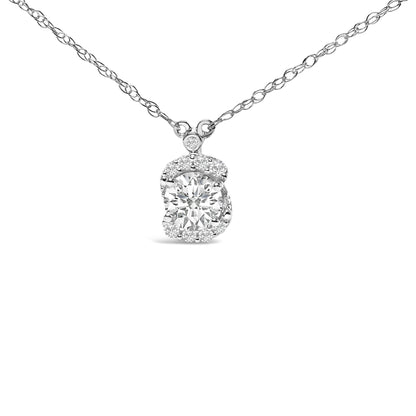 White metal necklace shown in a close-up front view with a pendant featuring a large round white gemstone surrounded by multiple smaller round white gemstones, all set in prongs.