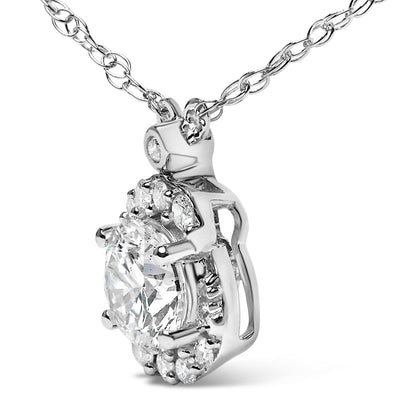 Close-up angled view of a white metal necklace pendant featuring a large round white gemstone centered and surrounded by smaller round white gemstones in a prong setting, hanging from a linked chain.